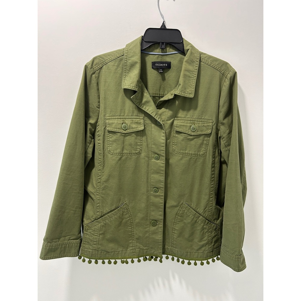 Talbots Womens XL Olive Green 100% Cotton Utility Jacket Pom Pom Trim Field Coat
